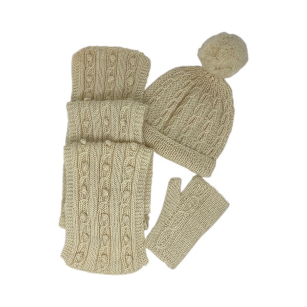 Monica's Fingerless Mitts, Hat and Scarf Set (Knitted) - knitting kit in Wensleydale wool