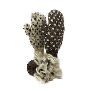 May include: A pair of knitted mittens in shades of brown and beige, with a unique cactus-inspired design. One mitten features dark brown dots, while the other has white heart-shaped patterns. The cuffs are adorned with fluffy, cream-colored yarn.