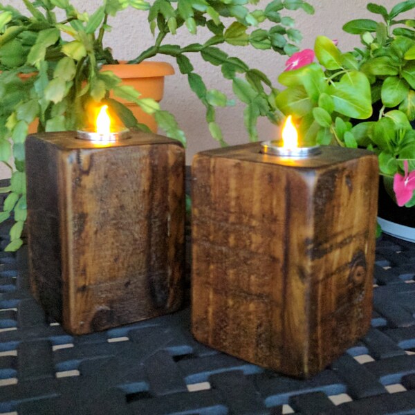 Pair of Rustic Tea Candle Holders made from Reclaimed & Repurposed Wood