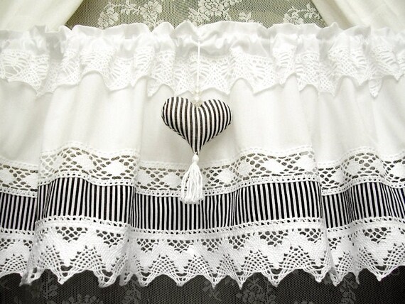 Country Gardine Heart Shabby Lace Kitchen Curtain White Black Etsy