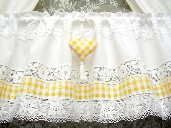 Country House Curtain Scara Flowers Heart White Yellow Kitchen Etsy
