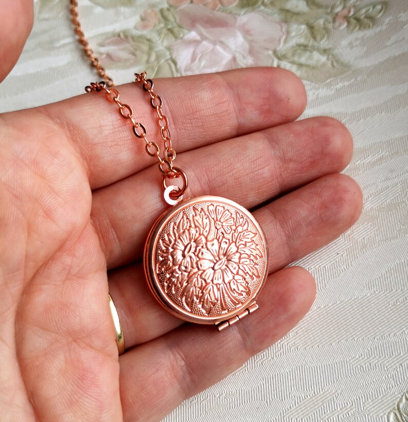 Rose Gold Locket Necklace With Flowers Etsy