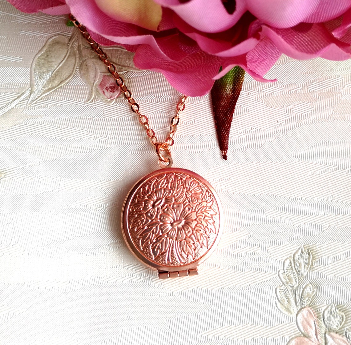 Rose Gold Locket Necklace With Flowers | Etsy