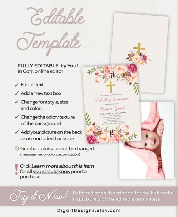Printable First Communion Invitation Template Girl First Holy Etsy