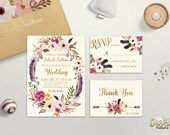 Floral Wedding Invitation Printable Boho Wedding Invitation Suite Bohemian Wedding Invite Floral Wreath Wedding invite Set Digital Invites