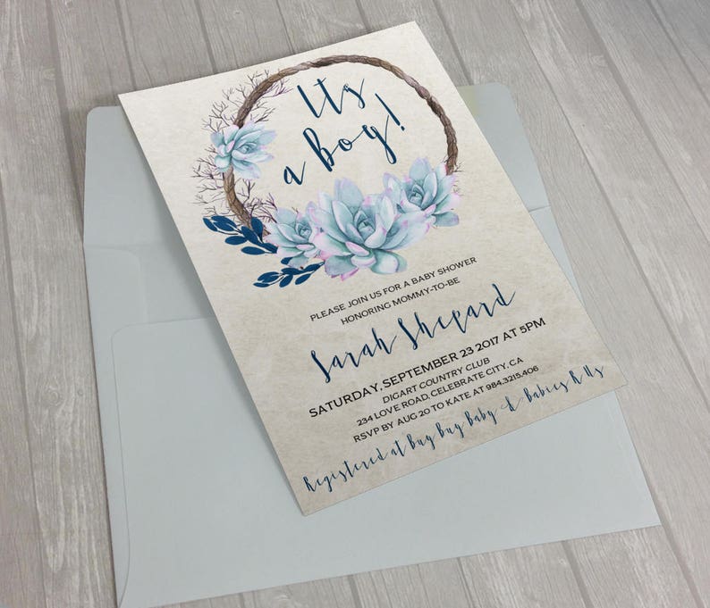 Watercolor Baby Shower Invitation Printable Fl Boy Invite Blue Succulents Boho Digital Or Printed