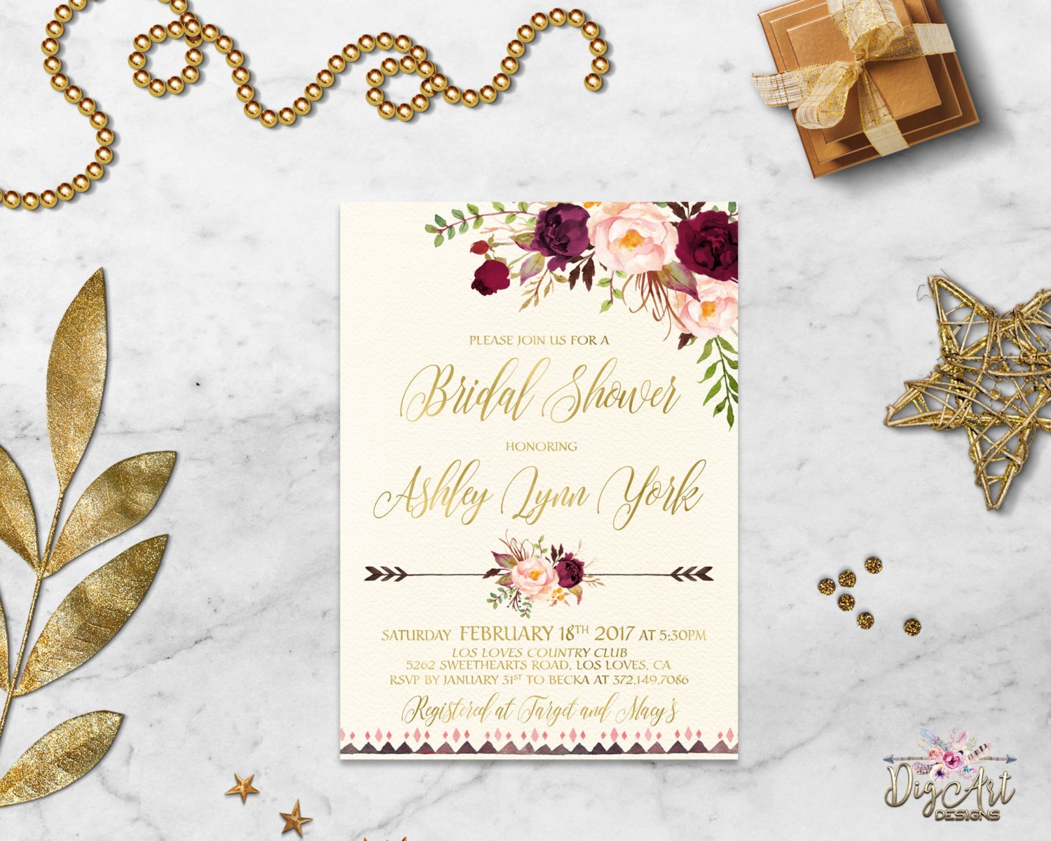 Burgundy Gold Bridal Shower Invitation Printable Boho Bridal Etsy