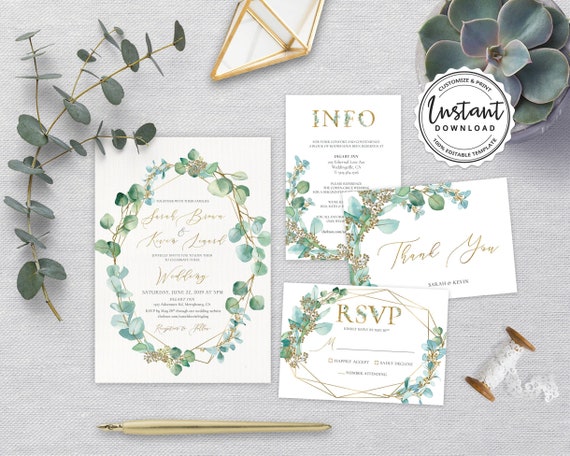 Eucalyptus Wedding Invitation Template Printable Boho Etsy