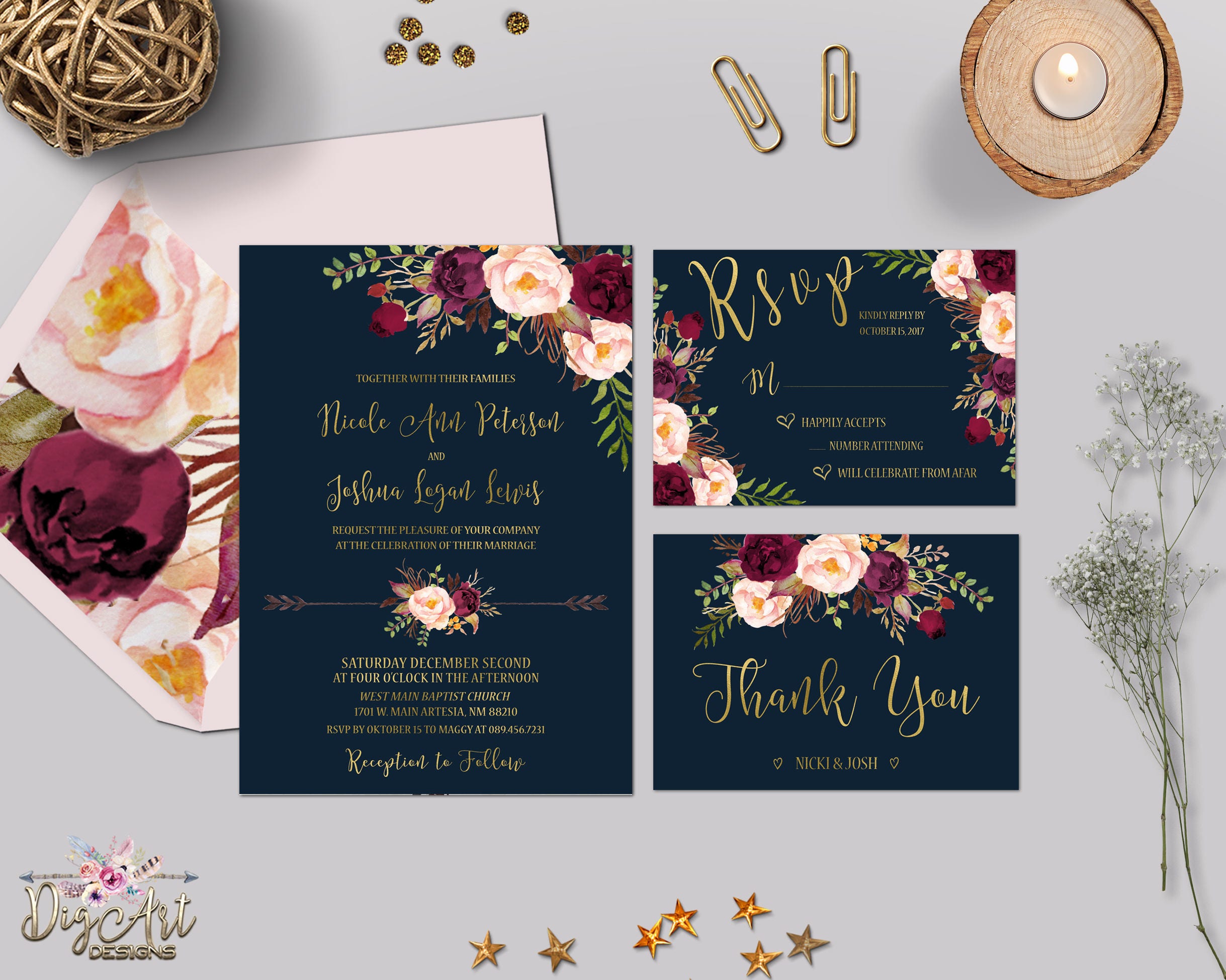 Navy Burgundy Wedding Invitation Printable Boho Floral