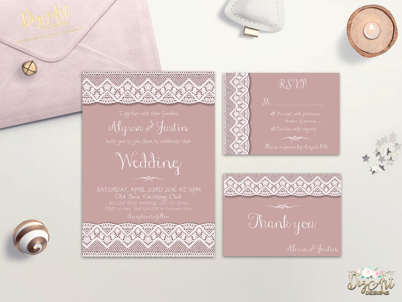 Lace Wedding Invitation Printable Rustic Wedding Invitation Etsy