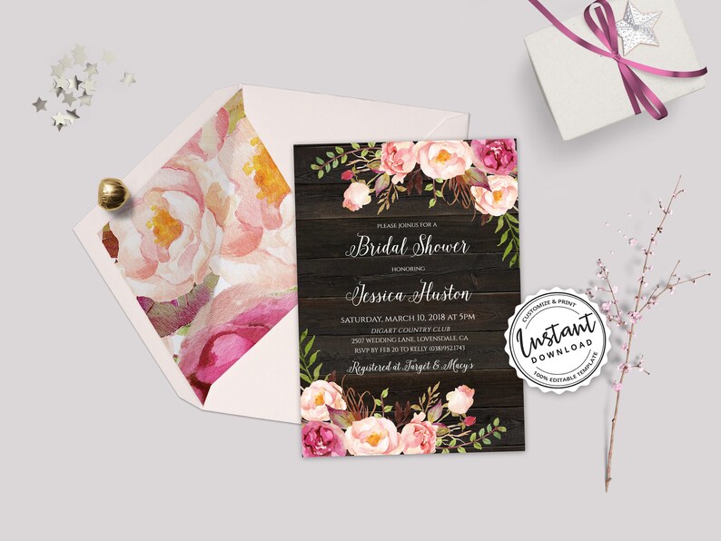 Floral Rustic Bridal Shower Invitation Template Printable Boho Bridal Shower Invite Editable Country Bridal Shower Invite w Envelope Liners
