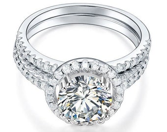 Juego de anillos de boda con halo de diamantes creados de 2 quilates - Joyería nupcial de plata de ley 925 - En caja de regalo