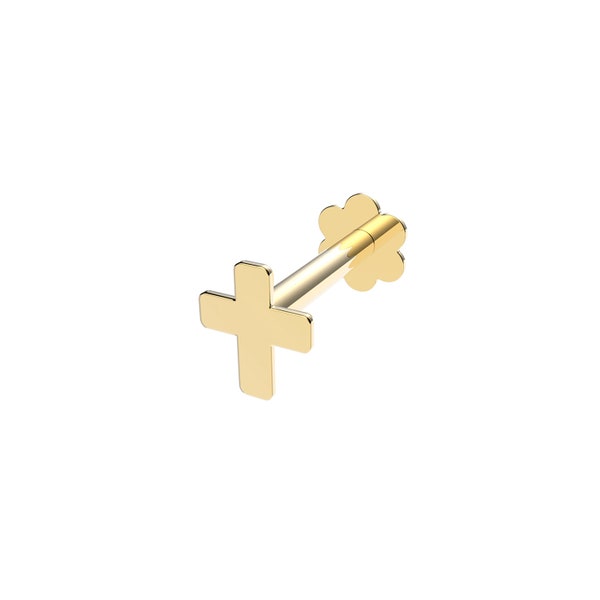 Boucle d'Oreille Labret Cartilage Croix Plaine Or Jaune Véritable 9 Carats 0,13 Gramme - Coffret Cadeau