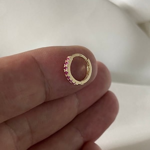 Genuine 9ct Yellow Gold Ruby Red CZ Single Cartilage Hoop Earring Huggies 9mm - Gift Boxed