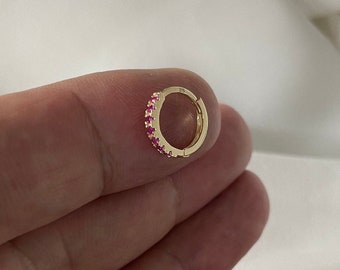 9ct Yellow Gold Ruby CZ Cartilage Hoop Earring Huggie (9mm)