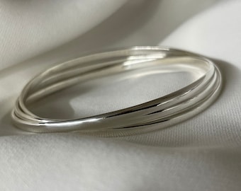 Sterling Silver Ladies Russian Rolling Interlocking Bangle 18.7 Grams - Gift Boxed