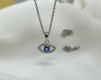 Collar con colgante de ojo malvado azul en plata de ley (cadena de 40 y 45 cm)
