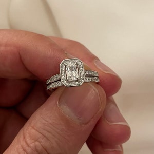 Sterling Silver Emerald Cut CZ Halo Bridal Ring Set