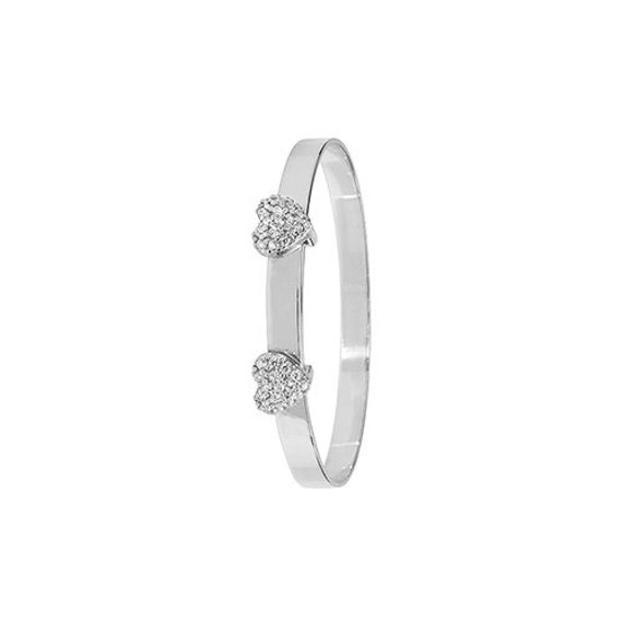 Personalised Sterling Silver Expandable Pave Cz Double Heart Baby Bangle 