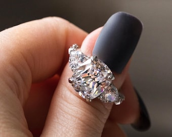 5 Carat Cushion Cut Created Diamond Ring: Sterling Silver Three-Stone