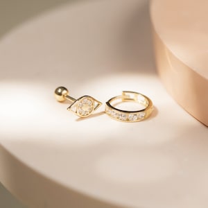Genuine 9CT Yellow Gold Earrings - Evil Eye Cartilage CZ Cartilage Hoop EARRINGS 375 Hallmarked - Gift Boxed Earrings