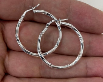 Sterling Silver Hoop Earrings - Silver 25mm Twisted Hoop