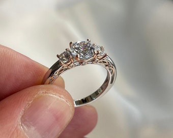 Vintage Style Sterling Silver Wedding Ring: 1 Ct Simulated Diamond Stone, Two Tone