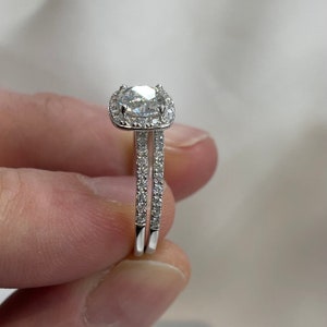Cushion Cut 1 Carat Moissanite Ring Set & Studs: Sterling Silver Wedding Promise Ring