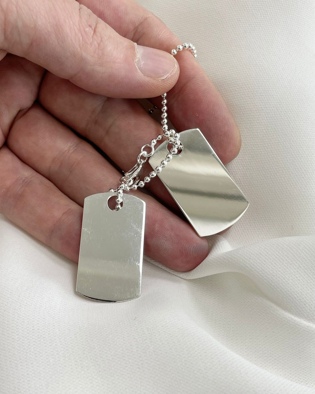 925 Sterling Silver Double Dog Tag & Bead Chain 24.70 Grams - Gift