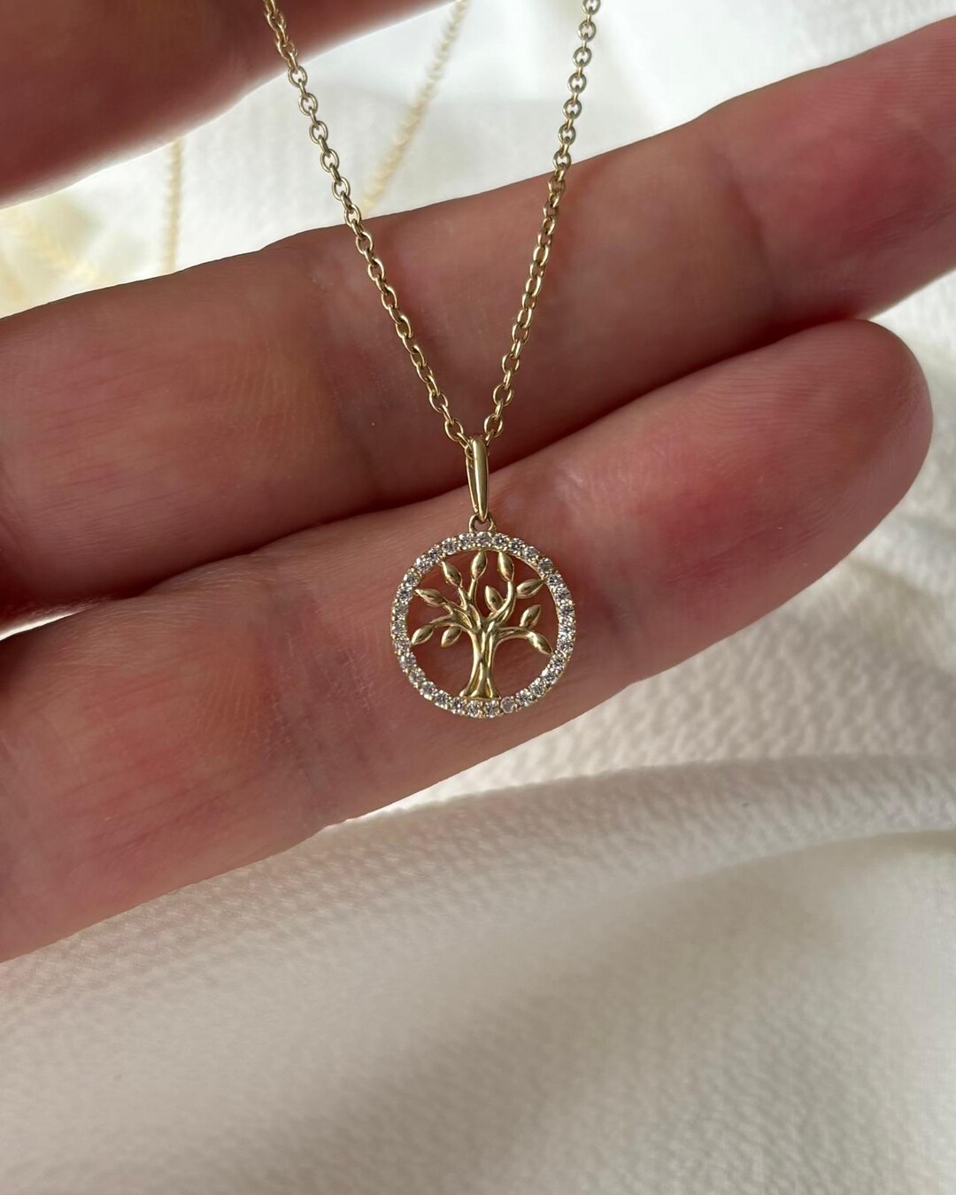 9ct Yellow Gold CZ Tree of Life Pendant Necklace, Family Symbol, Rolo ...