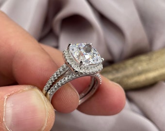 Sterling Silver Cushion Cut Created Diamond Wedding Ring Set