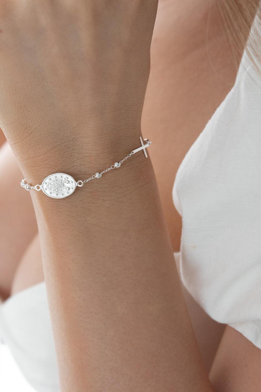 ZORVUJI Set 2 Bracciali Rosario Cattolico, Bracciale con Perle e Croce Sacra, Gioielli Religiosi Artigianali per Uomo e Donna, Nero e Bianco