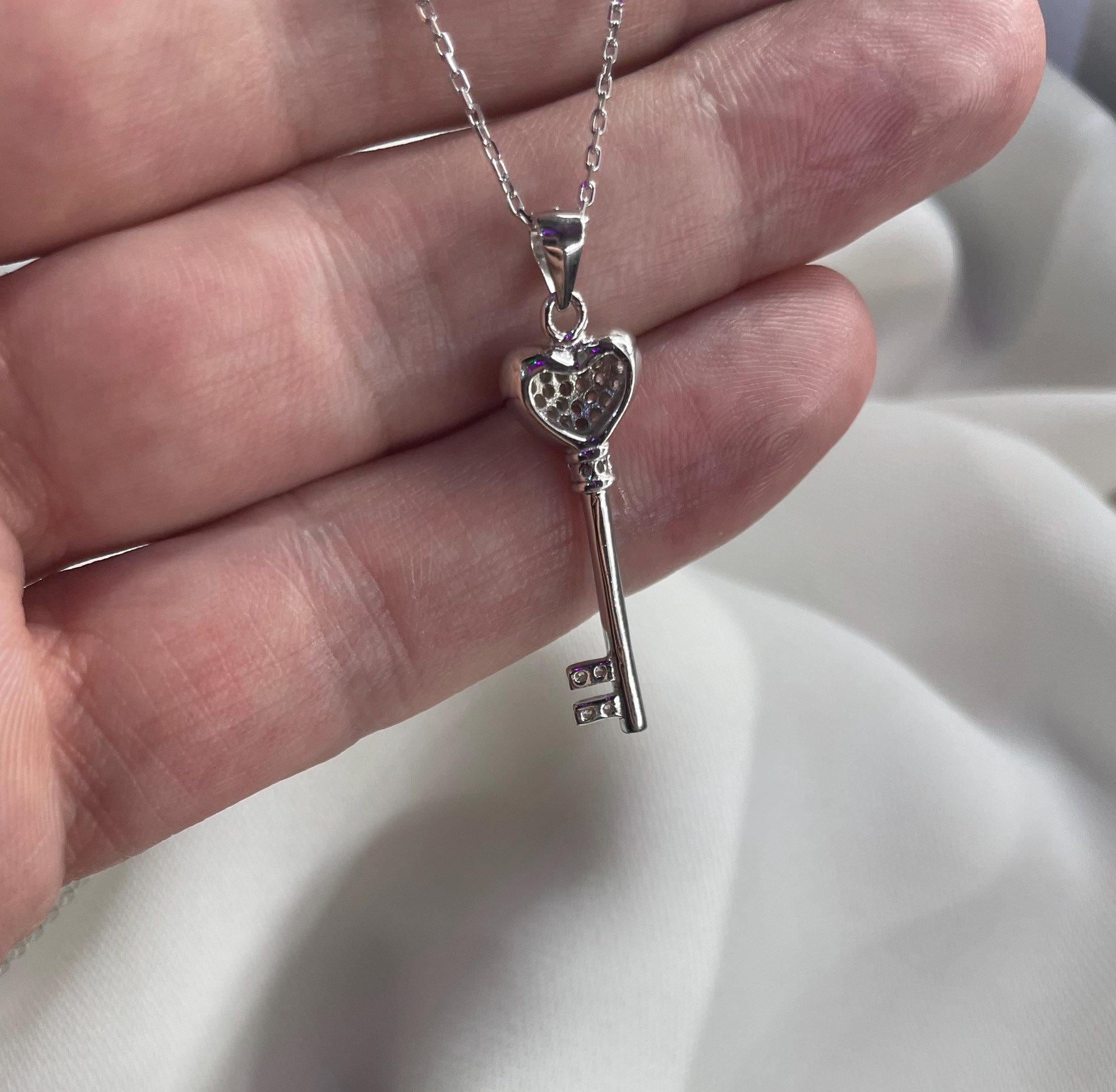 Sterling Silver Heart Key Necklace: Vintage Style Created Diamond