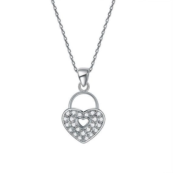 925 Sterling Silver Pendant Love Heart Lock Necklace Lady Jewelry