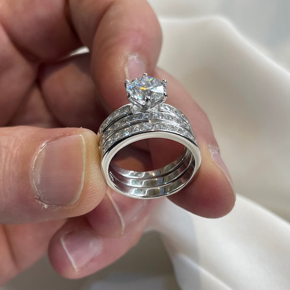 Sterling Silver 2 Piece CZ Round Center Promise Wedding Ring Set Sterling Silver 2 Piece CZ Round Center Promise Wedding Ring Set