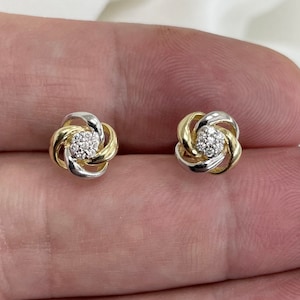 Genuine 9CT Yellow White Gold Earrings - Bicolor CZ Knot Stud EARRINGS 375 Hallmarked - 1.70 Gram Gold Earrings - Gift Boxed Earring 8.5mm