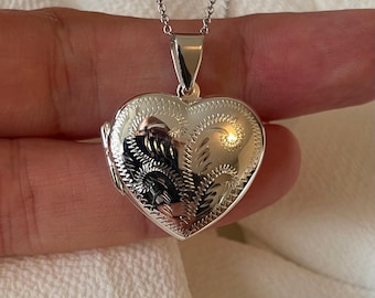 Sterling Silver Heart Locket Necklace - Engraved Silver Chain