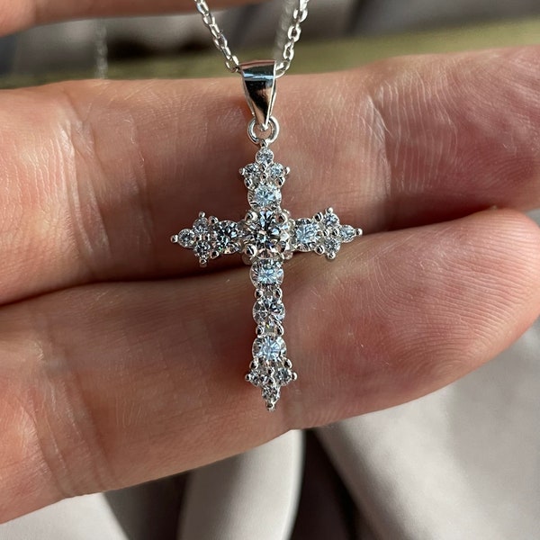 Round Cut Created Diamond 925 Sterling Silver Cross Pendant Necklace Read full description of this stone on the listing