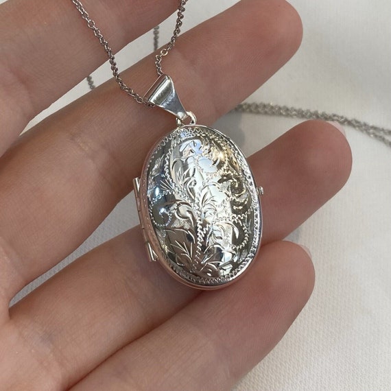 Locket Necklace Oval Flat Etched Floral Sterling Silver with Square Snake Chain Locket Necklace Oval Flat Etched Floral Sterling Silver with Square Snake Chain