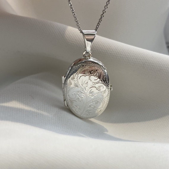Locket Necklace Oval Flat Etched Floral Sterling Silver with Square Snake Chain Locket Necklace Oval Flat Etched Floral Sterling Silver with Square Snake Chain