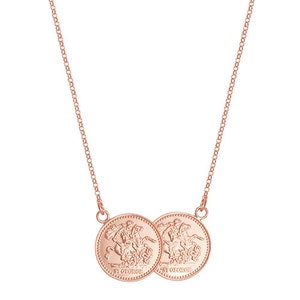 Silver Ladies' Rose Gold Plated Half Double Sovereign Coin Necklet - Silver 17" Ladies heavy Coin Necklace - Gift Boxed