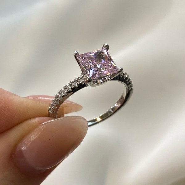 1.5 Ct Fancy Pink Created Diamond 925 Sterling Silver Wedding Ring Promise ring pink Princess cut engagement ring