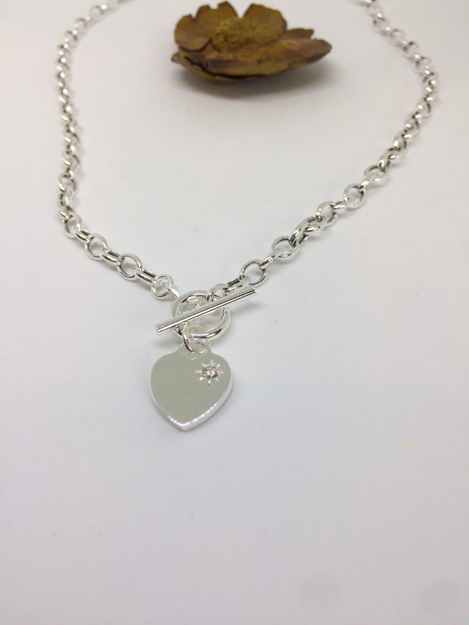 Sterling Silver 925 Heart Charm T Bar Necklace 16 Inch With Etsy