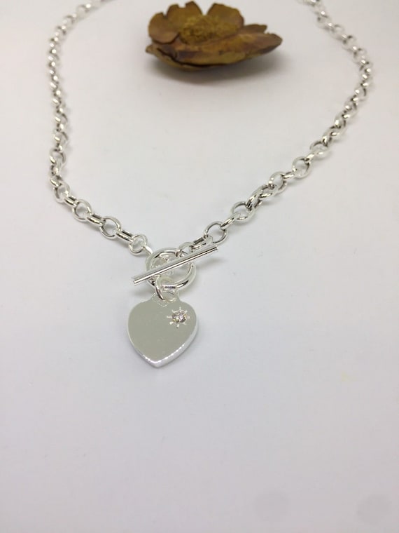 Sterling Silver 925 Heart Charm T Bar 