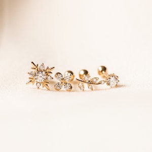 Genuine 9CT Yellow Gold Earrings - Set of Single Cz, Flower CZ, Leaf CZ & CZ Compass Cartilage 375 Hallmarked - Gift Boxed