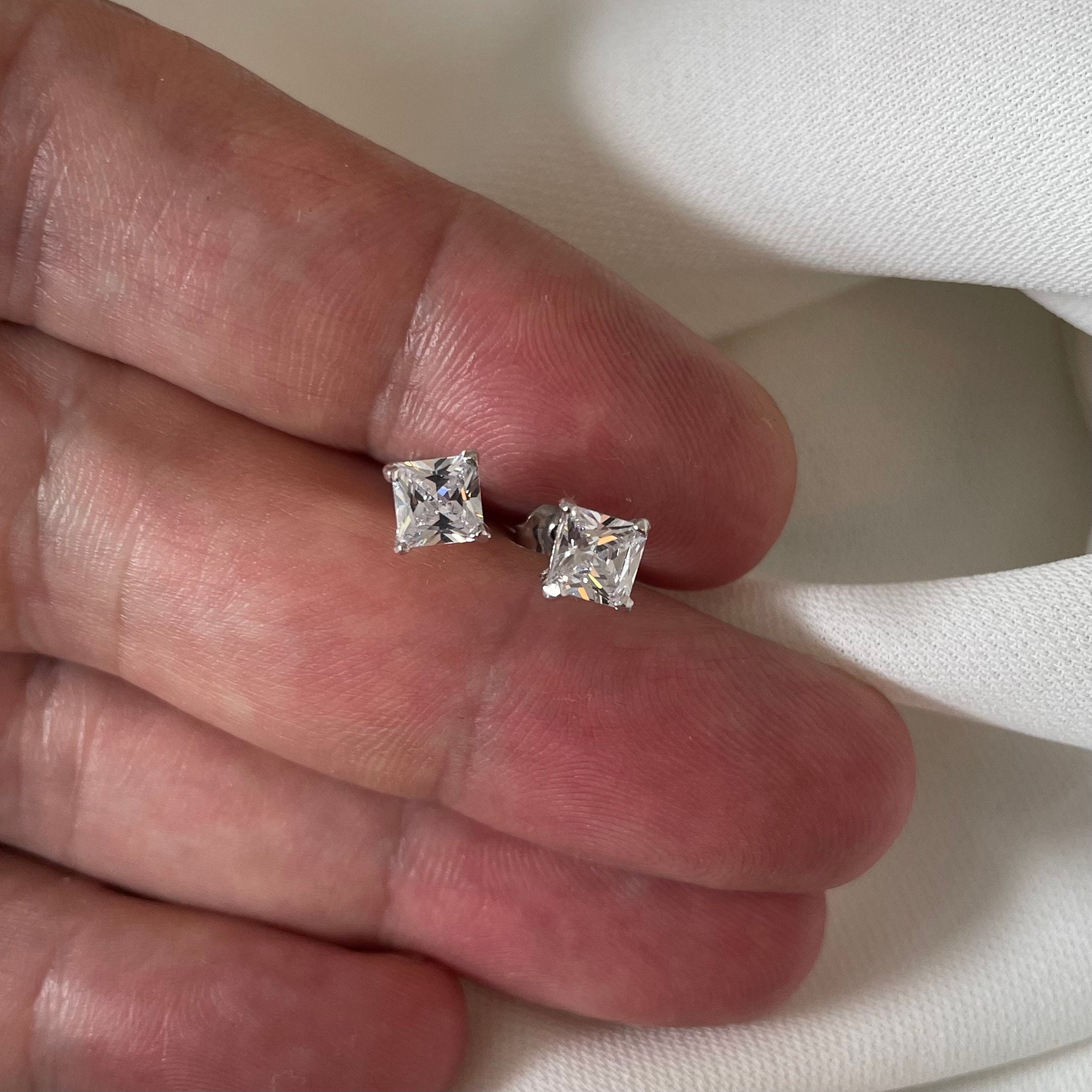 Sterling Silver Princess Cut CZ Stud Earrings - 6mm Square  display picture 1