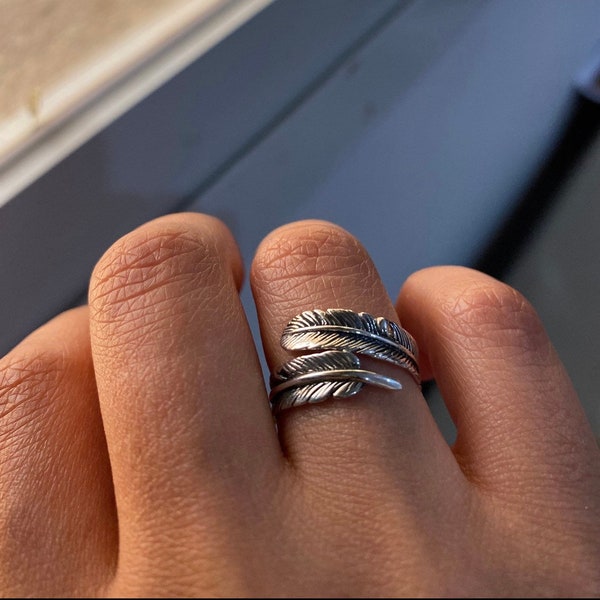 Bague plume, bague minimaliste, bague pour homme, bague unisexe, bijoux unisexe, bague délicate, bague réglable, bague ouverte, cadeau d'anniversaire, bijoux en argent