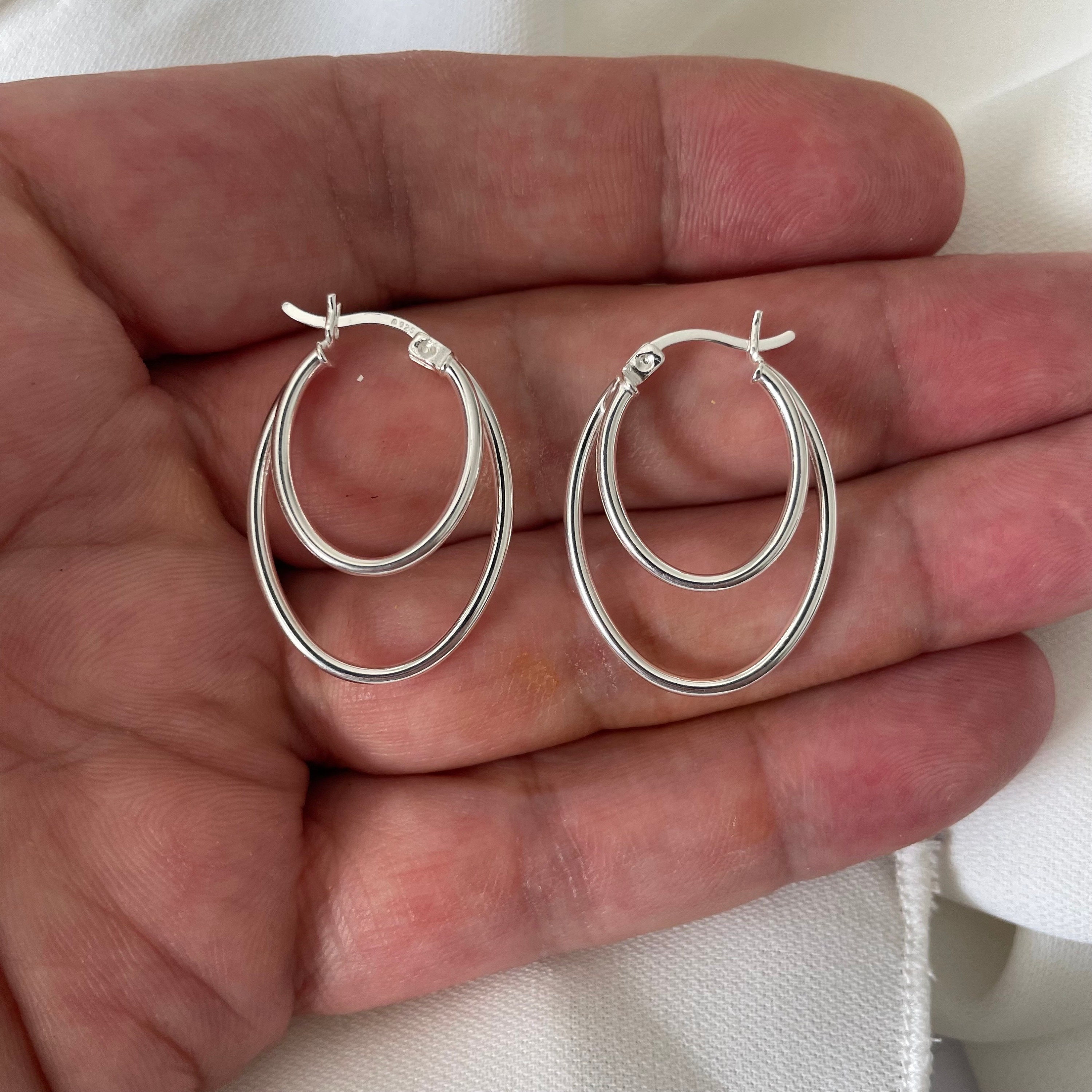 Joya Pendientes Doble Aro Tamaño Grande 12mm X 28mm En Plata De Ley 925