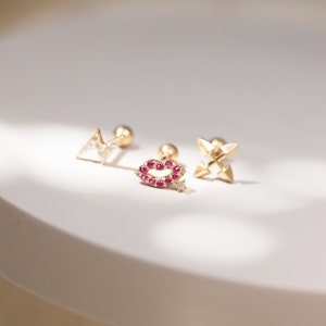 Genuine 9ct Gold Upper Ear Helix Cartilage Cubic Zirconia Lightning Bolt, CZ Lips & Crossed Arrows Cartilage Earring Stud - Gift Boxed