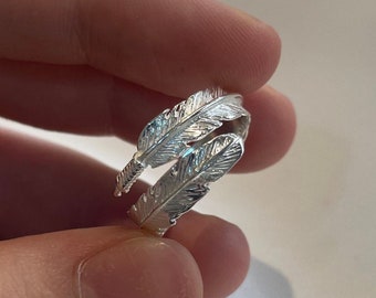 Sterling Silver Feather Ring: Adjustable Open Band